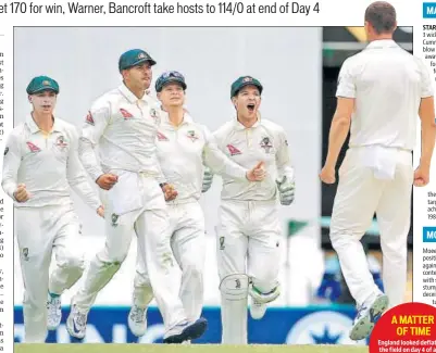  ?? REUTERS ?? Josh Hazlewood (R) took England skipper Joe Root’s wicket to put Australia in control at the Gabba on Sunday. STARC England looked deflated in the field on day 4 of a Test which has swung one way and then the other before Australia landed the knockout...