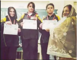  ??  ?? LAHORE: Winners of Women's Arm Wrestling Championsh­ip – Iqra Arif (gold), Palwasha Shahid (silver) and Nabila Asif (brown) – pose with their medals.