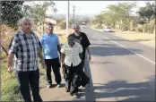  ??  ?? CLOCKWISE, from left: Community leader Ish Prahladh, left, with residents, Allen Govender, Jasmine Somiah, and her husband Roy. RIGHT: Spanner Nair on the bridge on Morel Road, which oversees the M19. BELOW: Tyre marks on Mountbatte­n Drive are...