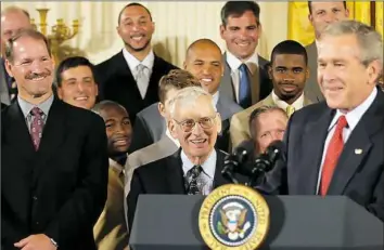  ?? Peter Diana/Post-Gazette ?? Dan Rooney, coach Bill Cowher, left, and other Super Bowl champion Steelers laugh as President George W. Bush jokes with them at the White House in June 2006.