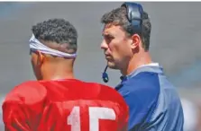  ?? STAFF FILE PHOTO BY DOUG STRICKLAND ?? UTC football coach Tom Arth talks with starting quarterbac­k Alejandro Bennifield during the spring game at Finley Stadium.