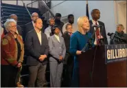  ?? MID-HUDSON NEWS NETWORK ?? U.S. Sen. Kirsten Gillibrand speaks on Monday in Hudson, N.Y. Also pictured are U.S. Rep. Antonio Delgado, second from right, and state Assemblywo­man Didi Barrett, right.