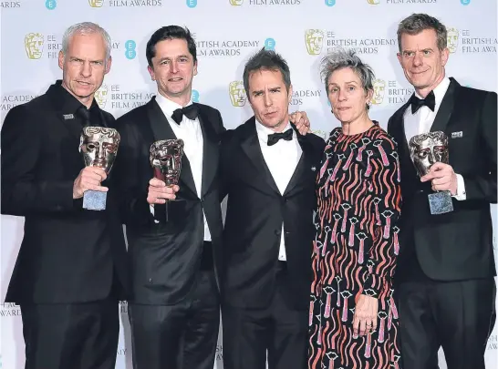  ?? Pictures: PA. ?? Left: Martin Mcdonough, Pete Czernin, Sam Rockwell, Frances McDormand and Graham Broadbent with the Baftas won by Three Billboards Outside Ebbing, Missouri. Top right: Alison Janney with her Best Supporting Actress award. Above right: Gary Oldman, who...