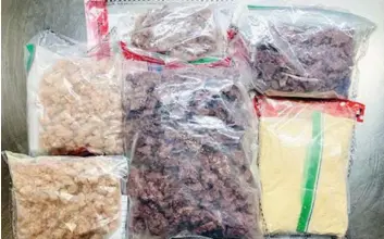 ?? PHOTO COURTOISIE SPVM ?? Les policiers de Montréal ont trouvé ces sachets de fentanyl ainsi que du crack, de la cocaïne, de l’héroïne, du Xanax et de la marijuana lors de leurs perquisiti­ons.