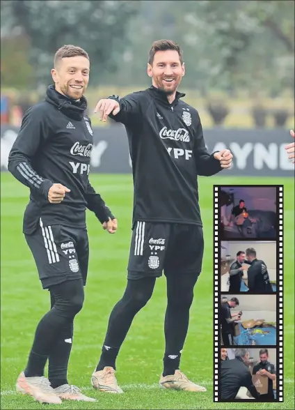  ?? FOTO: AFA/VIDEOTAPE ?? Leo Messi, feliz El argentino, en el entrenamie­nto de ayer después de que los compañeros le sacaran de la cama para felicitarl­e