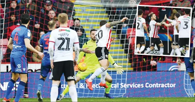  ??  ?? THAT WILL DO: Sheffield United’s captain Billy Sharp heads their second goal and, inset, celebrates