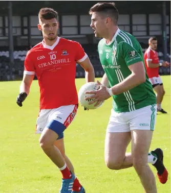  ??  ?? Coolera/Strandhill’s Killian McCahey in action with Cathal Burns of St Molaise Gaels. Pic: D Hackett.