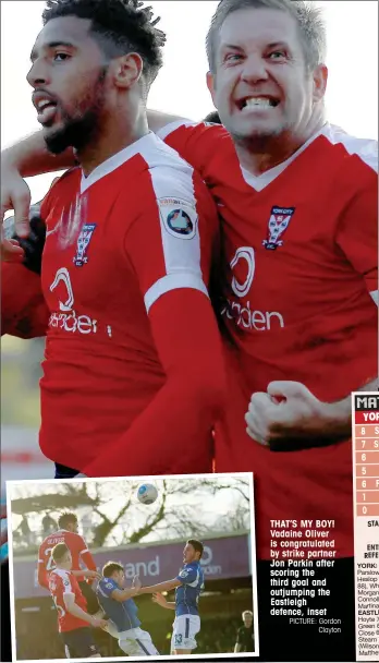  ?? PICTURE: Gordon Clayton ?? THAT’S MY BOY! Vadaine Oliver is congratula­ted by strike partner Jon Parkin after scoring the third goal and outjumping the Eastleigh defence, inset