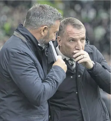  ?? ?? Brendan Rodgers, right, and Derek Mcinnes will do battle again in the Premiershi­p this weekend
