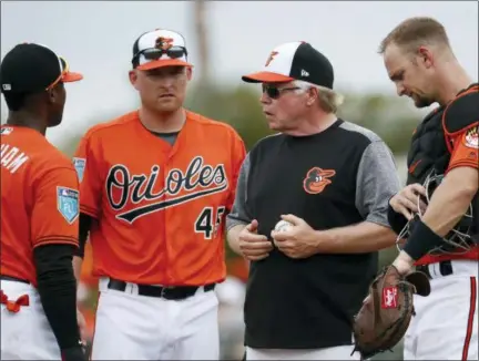  ?? THE ASSOCIATED PRESS ?? FILE - In this file photo, Baltimore Orioles manager Buck Showalter, center right, stands on the mound after relieving starting pitcher Dylan Bundy in the third inning of a spring training baseball game against the Pittsburgh Pirates, in Sarasota, Fla....