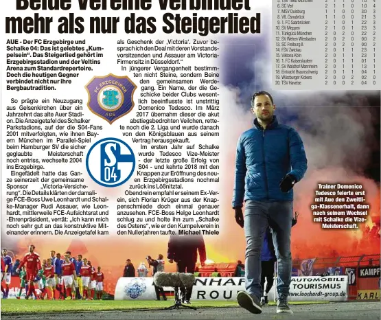  ??  ?? Trainer Domenico Tedesco feierte erst mit Aue den Zweitliga-Klassenerh­alt, dann nach seinem Wechsel mit Schalke die Vize
Meistersch­aft.