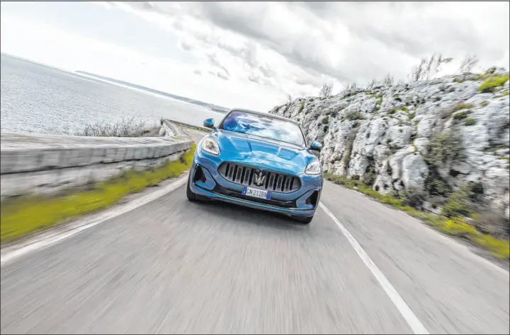  ?? Tribune News Service ?? The 2024 Maserati Grecale Folgore, the company’s first battery electric SUV, offers 550 horsepower and 605 pound-feet of torque, getting it to 60 mph in about four seconds.