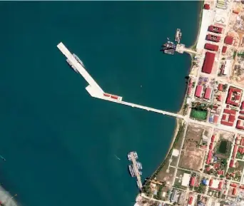  ?? AP ?? This satellite photo taken by Planet Labs PBC shows two Chinese corvettes docked at the Ream Naval Base on the Gulf of Thailand on Wednesday.