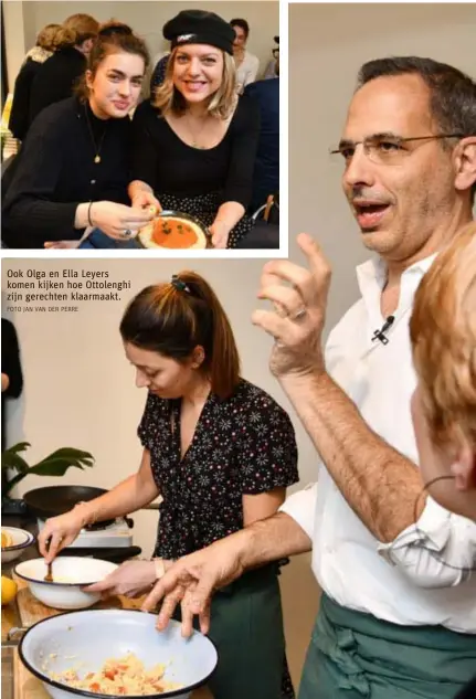  ?? FOTO JAN VAN DER PERRE FOTO JAN VAN DER PERRE ?? Ook Olga en Ella Leyers komen kijken hoe Ottolenghi zijn gerechten klaarmaakt. Yotam Ottolenghi houdt tijdens zijn wereldwijd­e promotour ook halt in Antwerpen voor een workshop aan veertig klanten van boekhandel ’t Stad Leest.