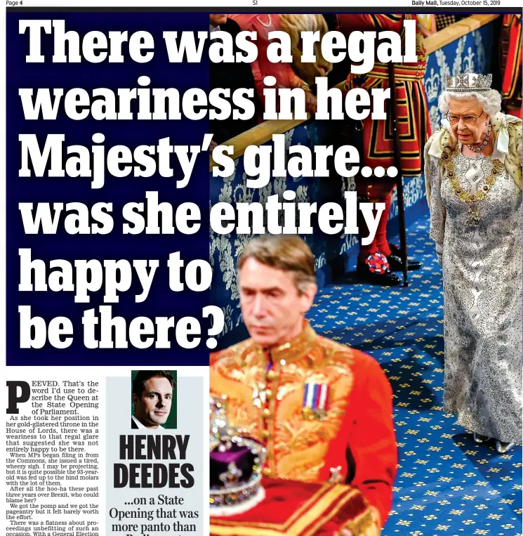  ??  ?? Pageantry: The Marquess of Cholmondel­ey carries the Imperial State Crown ahead of the Queen