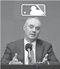  ?? LM OTERO/AP ?? Major League Baseball commission­er Rob Manfred speaks during a news conference in Arlington, Texas, on Thursday.