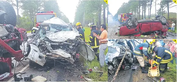  ?? FOTOS: EL HERALDO ?? (1) En el carro color blanco se conducía la víctima, mientras en el carro rojo los dos hermanos que viajaban a Olancho. (2) Algunos de los heridos fueron trasladado­s a la sala de emergencia­s del Hospital Escuela. (3) Los cuerpos de socorro trabajaron...