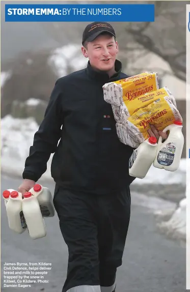  ??  ?? James Byrne, from Kildare Civil Defence, helps deliver bread and milk to people trapped by the snow in Kilteel, Co Kildare. Photo: Damien Eagers