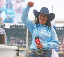  ?? GAVIN YOUNG ?? Bertina Olafson from Hudson Bay, Sask., riding her 13-year-old horse Duke, timed a 17.24 to win the Calgary Stampede rodeo finals in barrel racing on Sunday.