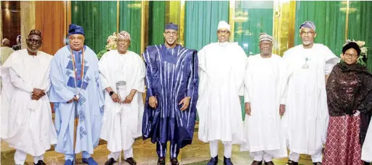  ?? ?? L-R: Business mogul, Bola Adegunwa; Akarigbo of Remoland, Oba Babatunde Ajayi; former governor of Ogun State, Olusegun Osoba; Governor Dapo Abiodun; President Muhammadu Buhari; his Chief of Staff, Ibrahim Gambari; Minister of Mines and Steel Developmen­t, Olamilekan Adegbite, and former deputy governor, Salmat Badru, during a thank-you visit by Ogun State leaders on the recent visit of the President to the State at Presidenti­al Villa in Abuja on January 28, 2022.