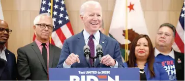  ?? File / Reuters ?? ↑
Joe Biden speaks during a campaign stop in Los Angeles, California.