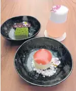  ?? ?? RIGHT
The iced yuzu and chilli coconut snow with strawberry, and matcha sponge soft chocolate with raspberry and the umeshu cocktail.