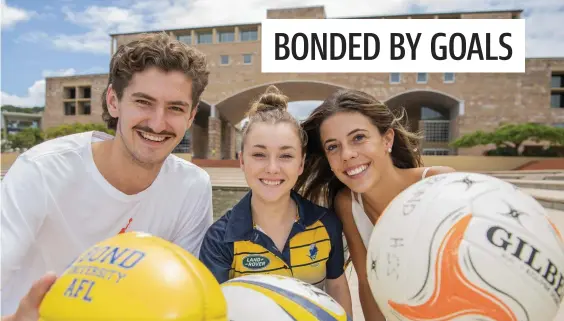  ??  ?? Harrison Ireland, Paige Groves and Ava Black will run out for the Bond University Bull Sharks this year. Picture: Cavan Flynn