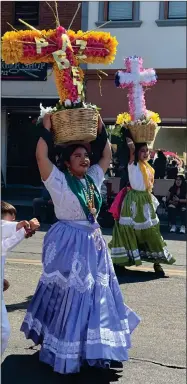  ?? RECORDER PHOTO BY ESTHER AVILA ?? Leylie Garduno, left, and Valeria Terriquez of Grupo Folklorico Tangu Yuu of Fresno, representi­ng the state of Oaxaca in Mexico, dance down Main Street at CHMA’S Cinco de Mayo Parade in Portervill­e.