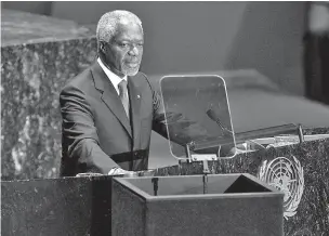  ??  ?? Secretary-General Kofi Annan addresses the General Assembly at United Nations headquarte­rs in New York on Sept. 21, 2004.