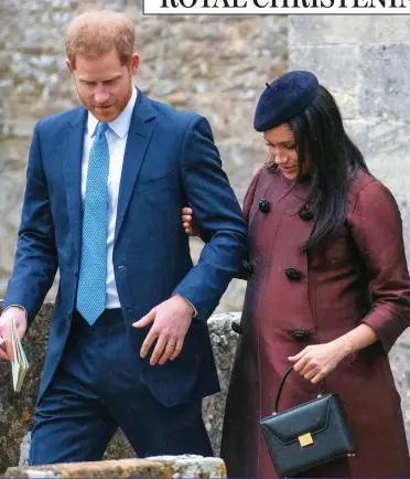  ??  ?? Baby on the way: A heavily pregnant Meghan with Harry after yesterday’s christenin­g