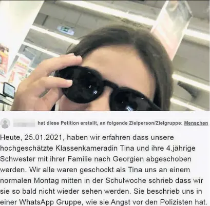  ??  ?? Die Schüler des GRG 1 Stubenbast­ei sammelten über eine Online-Petition tausende Unterschri­ften. Ihr Ziel steht kurz und prägnant im Titel: „Tina und ihre Familie befreien“.