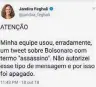  ?? REPRODUÇÃO / TWITTER ?? » CLICK. A deputada federal Jandira Feghali (PCdoB) diz não ter autorizado a equipe dela a chamar Bolsonaro de assassino no Twitter e alega ter apagado a publicação.
