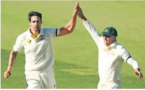  ?? ?? Playing partners: Mitchell Johnson and David
Warner played together in the Australia Test team from 2011 to 2015. GETTY IMAGES