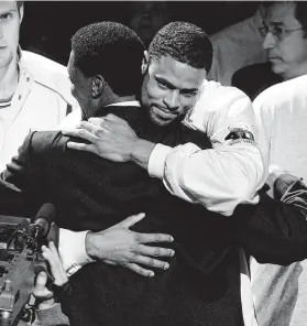  ?? Jonathan Daniel / Getty Images ?? Tyson Chandler, right, has been around so long that he learned a lot from Scottie Pippen when they were teammates in Pippen’s final season in 2003-04, then made sure to show Pippen how he felt at a retirement ceremony in 2005.