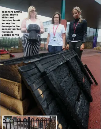  ?? Pictures: Gordon Terris ?? Teachers Emma Laing, Nicola Miller and Lorraine Izzett survey the damage to the sensory garden