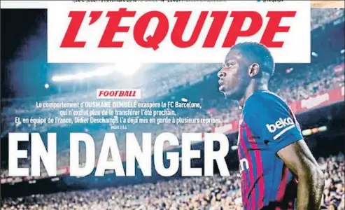  ?? L’ÉQUIPE ?? El delantero francés Ousmane Dembélé protagoniz­ó la portada de ayer de L’Équipe bajo el título “En peligro”