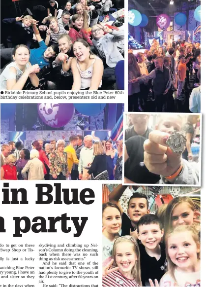  ??  ?? Birkdale Primary School pupils enjoying the Blue Peter 60th birthday celebratio­ns and, below, presenters old and new Selfie time for Birkdale pupils
