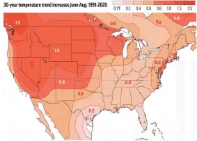  ?? JUDAH COHEN/ATMOSPHERI­C AND ENVIRONMEN­TAL RESEARCH/VERISK ?? This illustrati­on made from data by the Atmospheri­c and Environmen­tal Research/ Verisk this month shows a 30-year summer heat trend map for the continenta­l US. The temperatur­es in the Pacific Northwest are consistent with multidecad­e trends.