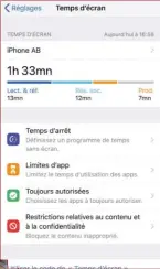  ??  ?? Un premier écran donne accès aux informatio­ns globales de « temps d’écran » et aux réglages.