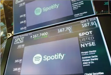  ?? BRYAN R SMITH/AFP ?? The opening numbers are displayed on the floor during the Spotify IPO at the Dow Industrial Average at the New York Stock Exchange on Tuesday in New York.