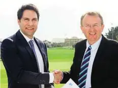  ?? Courtesy: Organiser ?? Eye on global audiences Haitham Mattar (left) and Nick Tarratt at the official contract signing for the RAK Golf Challenge.