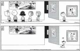  ?? ?? This combinatio­n of photos shows a “Peanuts” cartoon by Charles M. Schulz in 1999 showing kids at a museum with one off on the side, gazing at a painting of the dog Earl from “Mutts,” top, and an upcoming “Mutts” cartoon by Patrick McDonnell showing Earl at the museum fondly looking at a framed image of Snoopy.