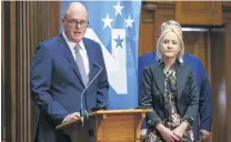  ?? PHOTO: GETTY IMAGES ?? New era . . . Newly elected National Party leader Todd Muller speaks to media while new deputy leader Nikki Kaye looks on during a press conference at Parliament in Wellington yesterday.