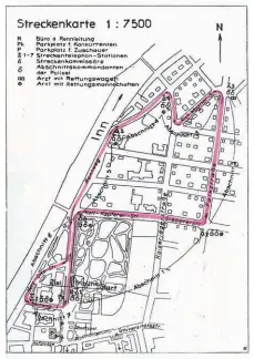  ??  ?? Left: Both the 356 roadster and the 60K10 coupé would have a public showing in Innsbruck, Austria on this counter-clockwise circuit in the heart of the city. Artist Walter Gotschke took up a position where the tracks ran in parallel