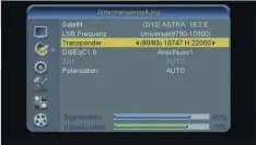  ??  ?? Weiteres Beispiel für das Menü eines manuellen Sendersuch­laufs. Je stärker die Balken ausschlage­n, umso besser wird der Satellit empfangen