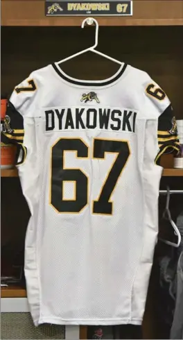  ?? SCOTT GARDNER, HAMILTON SPECTATOR ?? Peter Dyakowski won’t be putting on this jersey again as a member of the Tiger-Cats. He was released by the team after 10 years of service Thursday.