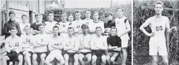  ?? COPIES OF PICTURE AVAILABLE FROM ODT FRONT OFFICE, LOWER STUART ST, OR WWW.OTAGOIMAGE­S.CO.NZ ?? A group of harriers who took part in the 3mile race at Carisbrook on a recent Saturday, with winner J.T. Erridge, of Port Chalmers (No 86, seated centre and pictured at right). — Otago Witness, 12.10.1920.