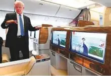  ?? Reuters ?? Tim Clark makes a presentati­on in the first class of an Emirates Boeing 777 at Hamburg airport on Wednesday.