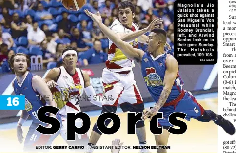  ?? PBA IMAGE ?? Magnolia’s Jio Jalalon takes a quick shot against San Miguel’s Von Pessumal while Rodney Brondial, left, and Arwind Santos look on in their game Sunday. The Hotshots prevailed, 109-108.
