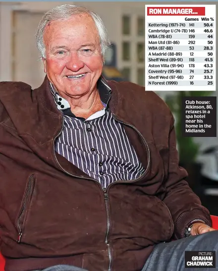  ?? PICTURE: GRAHAM CHADWICK ?? Club house: Atkinson, 80, relaxes in a spa hotel near his home in the Midlands